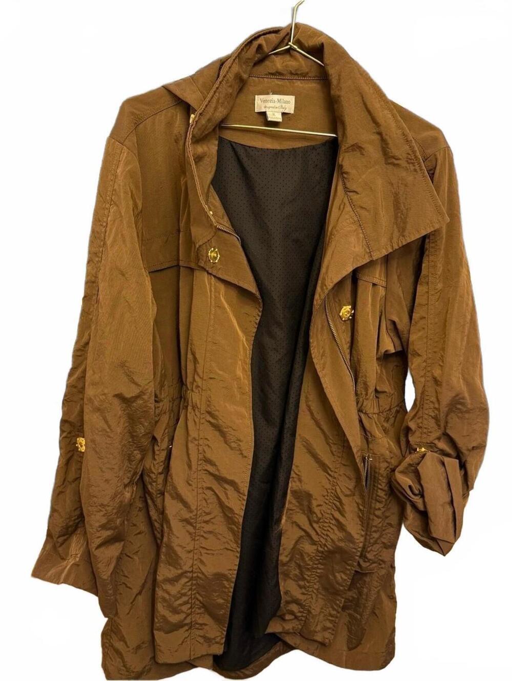 Venezia-Milano Brown Trench Coat Gold Accents Hooded XL Womens